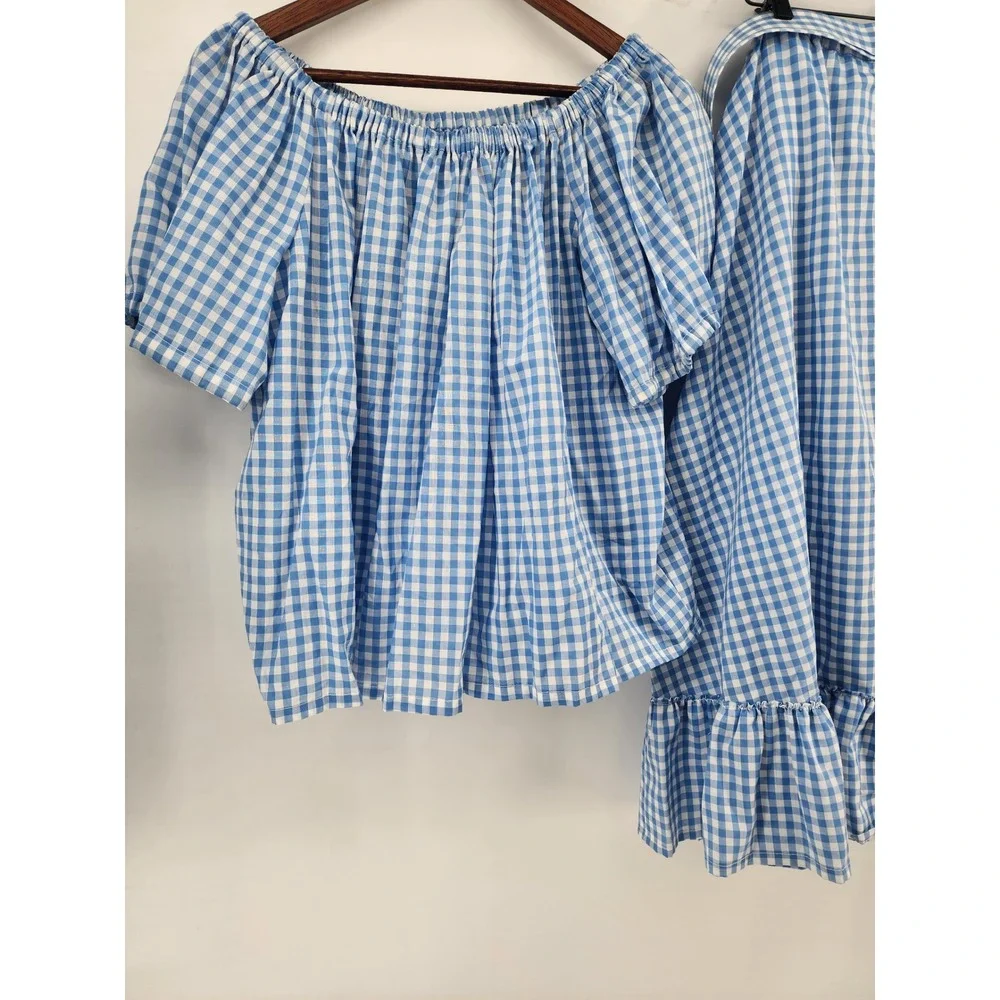 Blue Gingham 2x Vintage Two Piece Set Off‎ Shoulder Top and Ruffle Midi Skirt